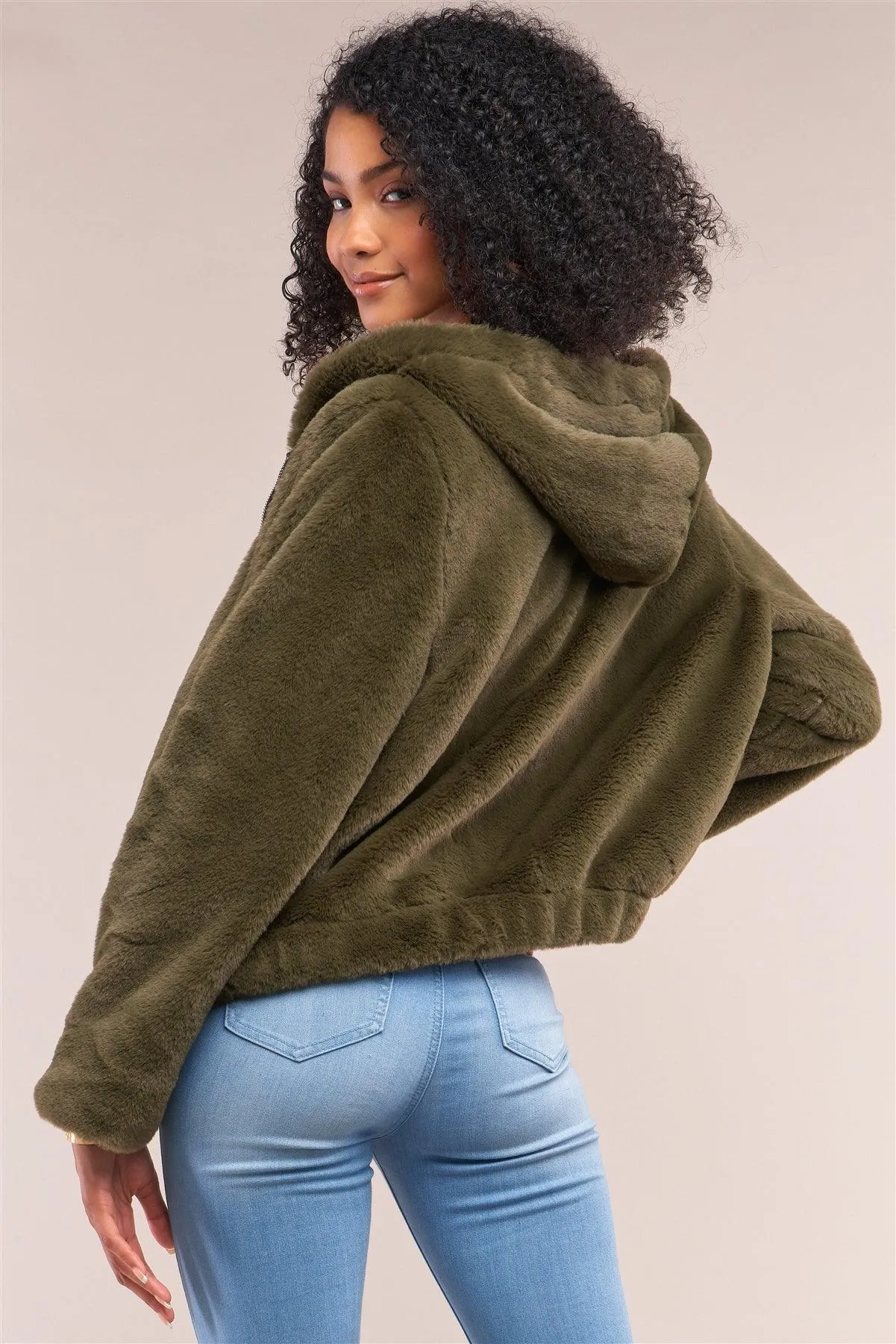 Olive Soft Faux Fur Hooded Zip-Up Jacket /2-2-2