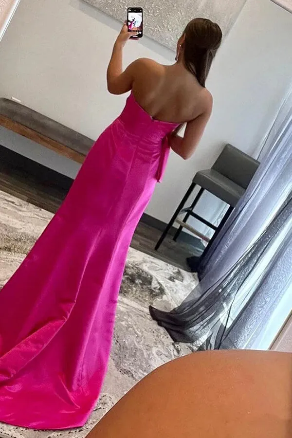 Pink Floor Length Strapless Prom Dresses With Bowknot, Evening Dress, SP875