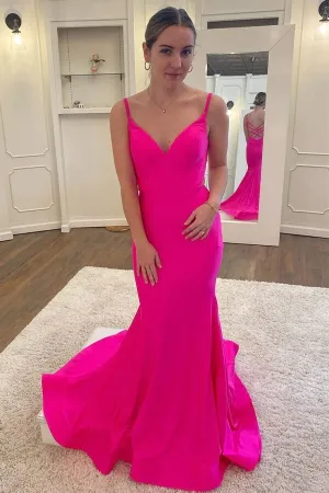 Pink Satin Mermaid V-neck Simple Prom Dresses, Long Formal Dresses, SP947