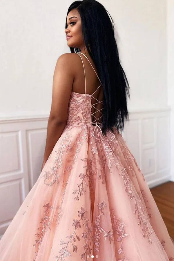 Pink Tulle A-line Spaghetti Straps Prom Dresses With Lace Appliques, SP745