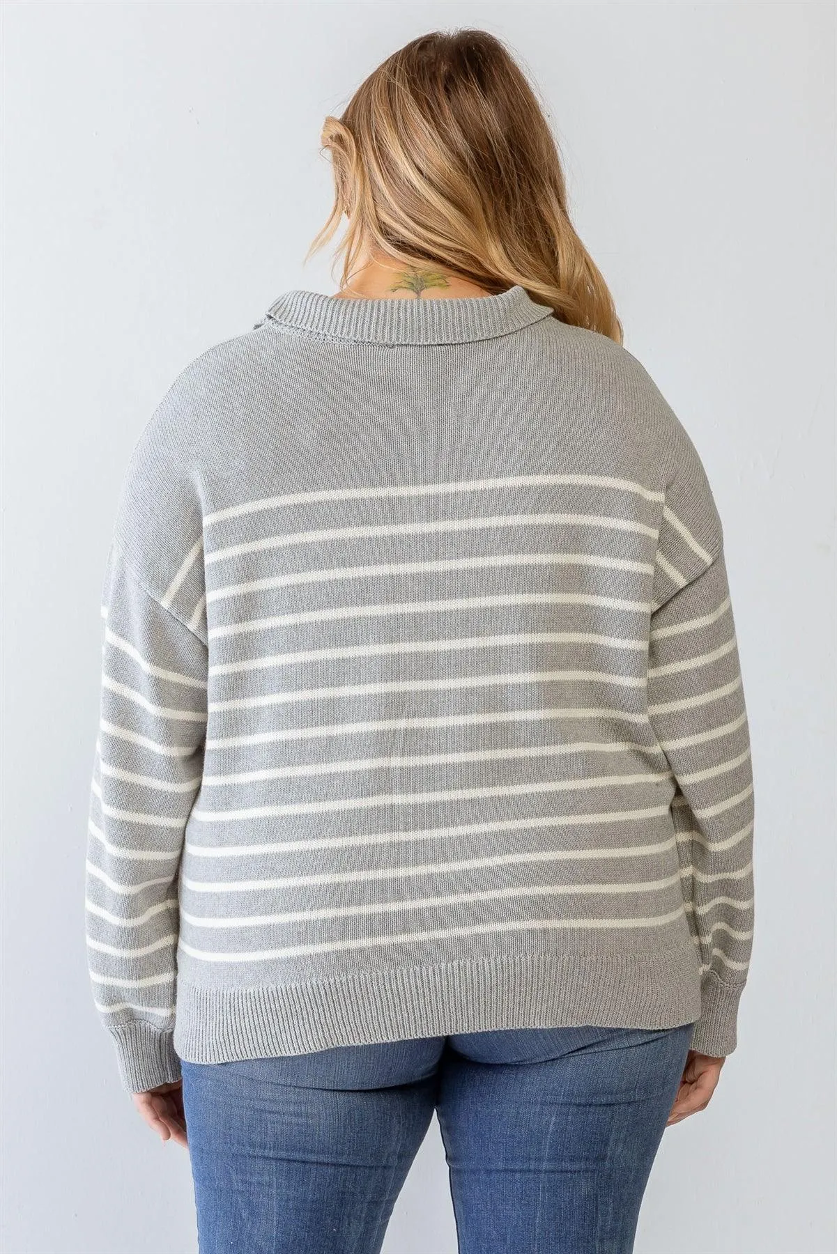 Plus Size Heather Grey Striped Collared Knit Sweater