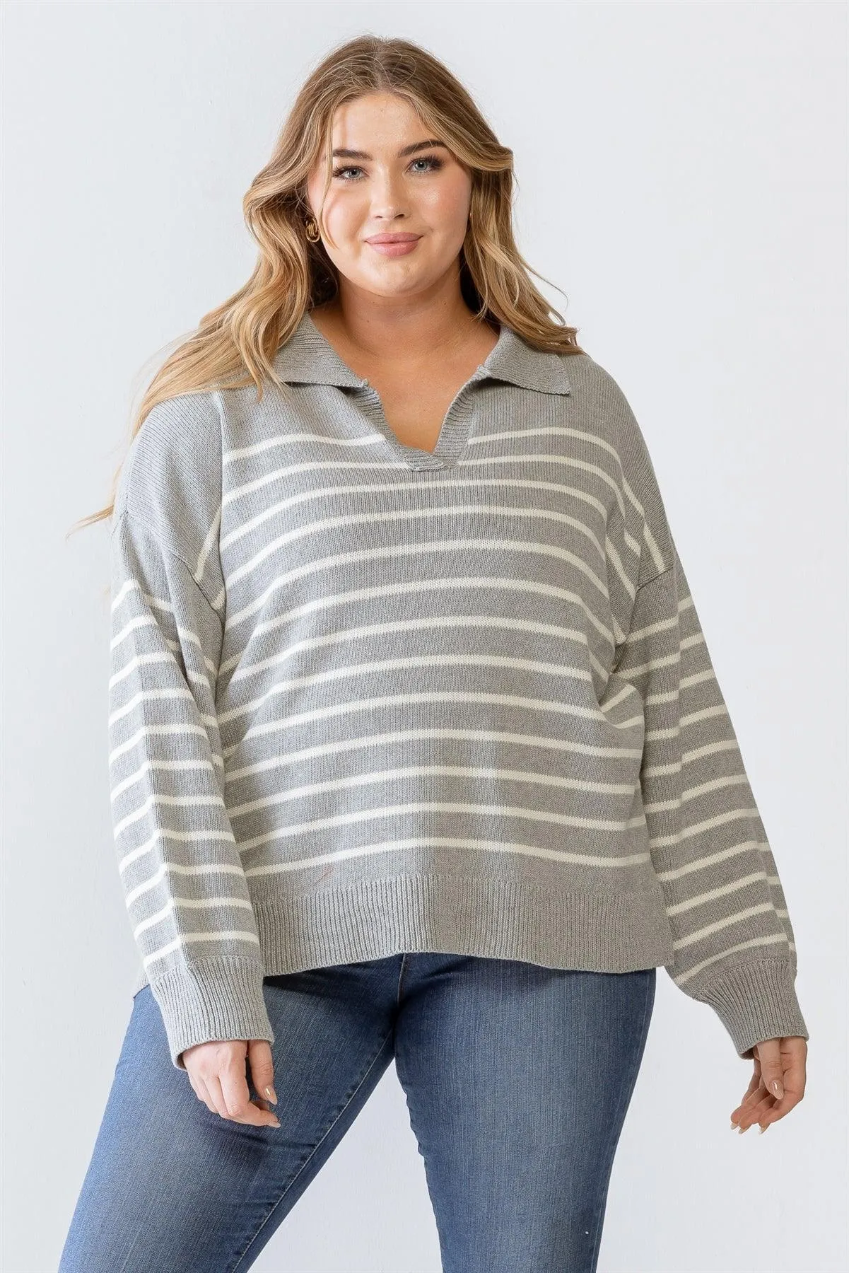 Plus Size Heather Grey Striped Collared Knit Sweater