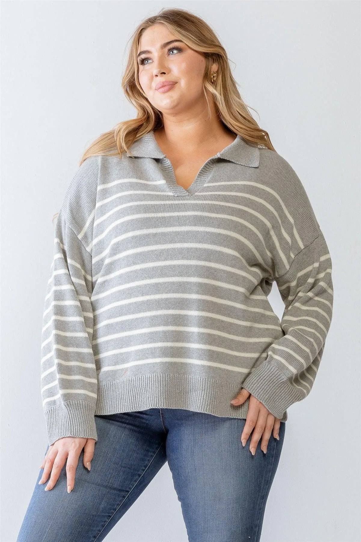 Plus Size Heather Grey Striped Collared Knit Sweater