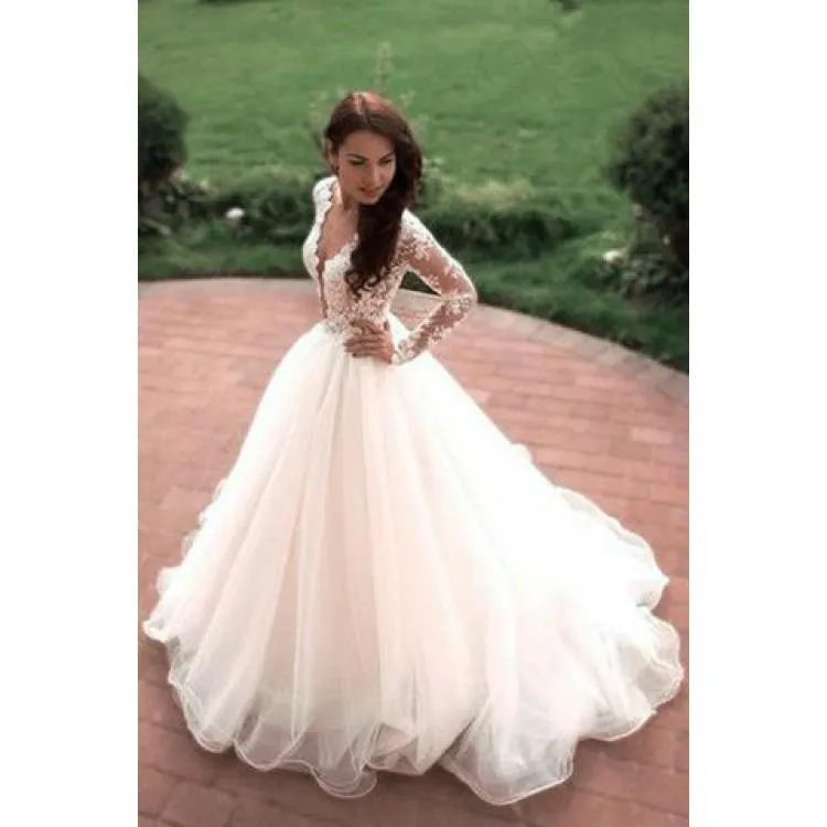 Princess A-Line V-Neck Tulle Ivory Long Sleeves Wedding Dresses,Dresses For Wedding Party ,WDY0163