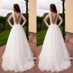 Princess A-Line V-Neck Tulle Ivory Long Sleeves Wedding Dresses,Dresses For Wedding Party ,WDY0163