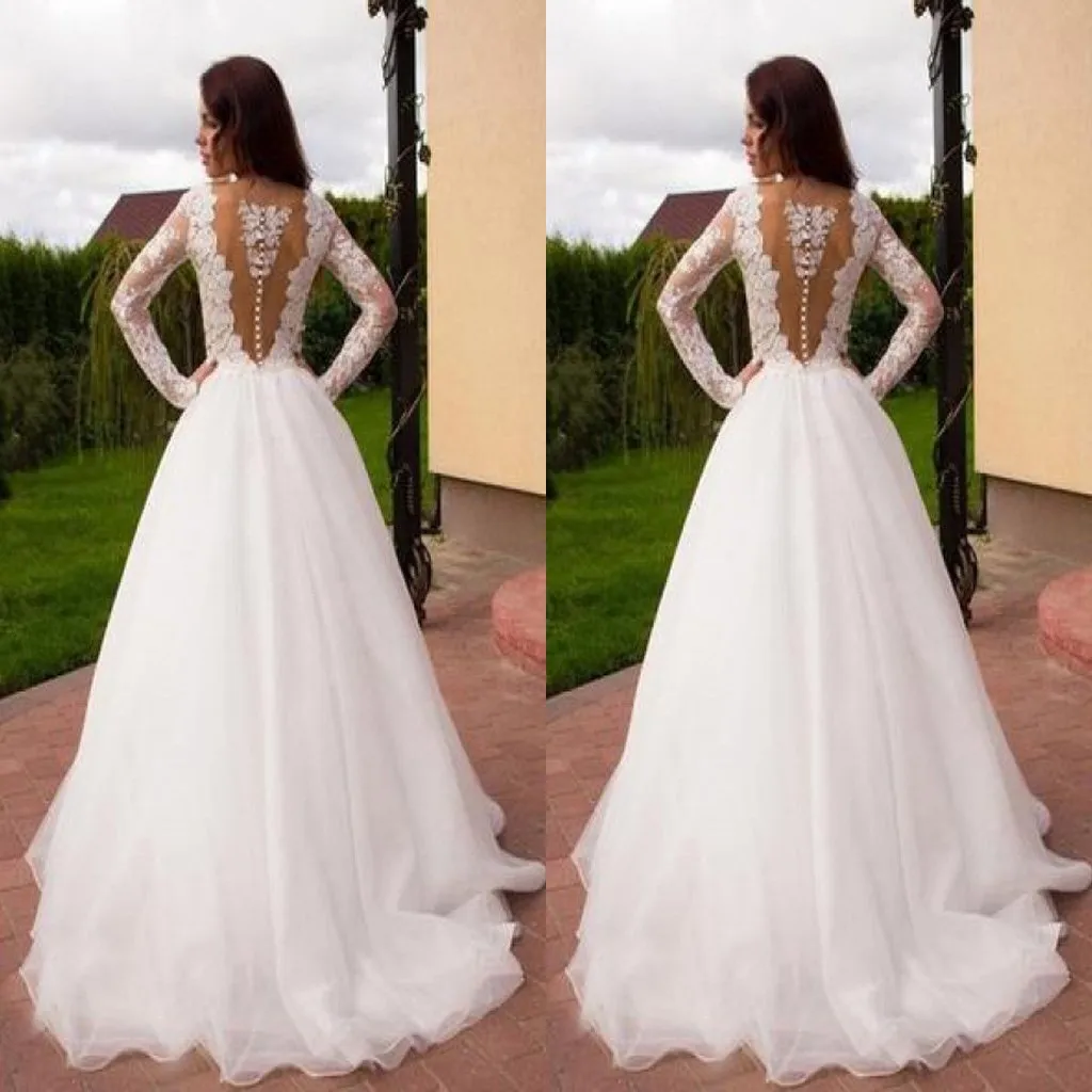 Princess A-Line V-Neck Tulle Ivory Long Sleeves Wedding Dresses,Dresses For Wedding Party ,WDY0163