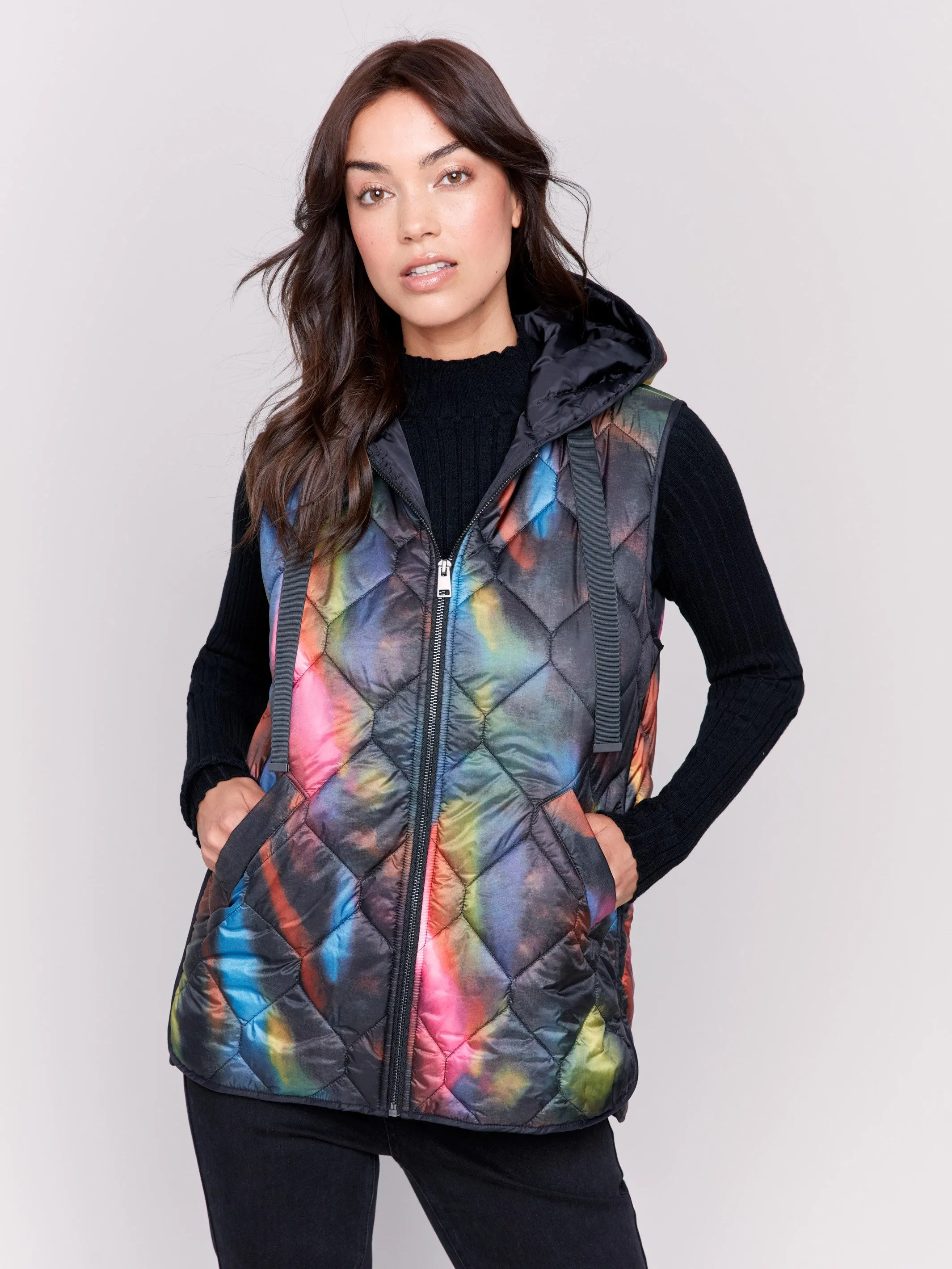 Printed Short Quilted Puffer Vest with Hood - Neon