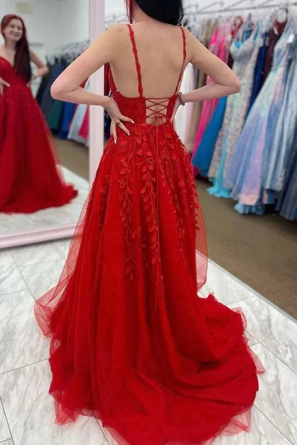 Red A-line V-neck Lace Appliques Long Prom Dresses, Cheap Evening Gowns, SP837