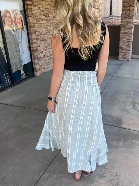 Shelby Black and White Striped Button Down Skirt with Fitted Waist