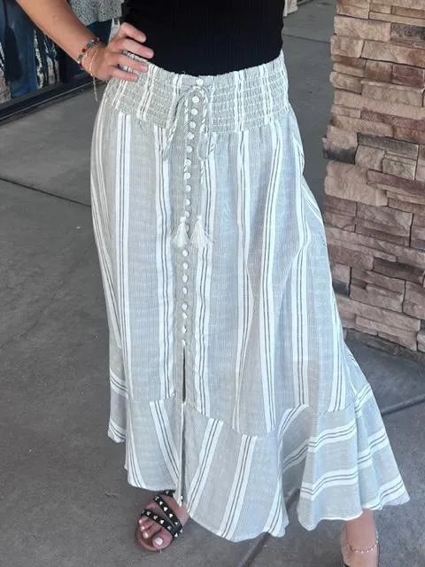 Shelby Black and White Striped Button Down Skirt with Fitted Waist