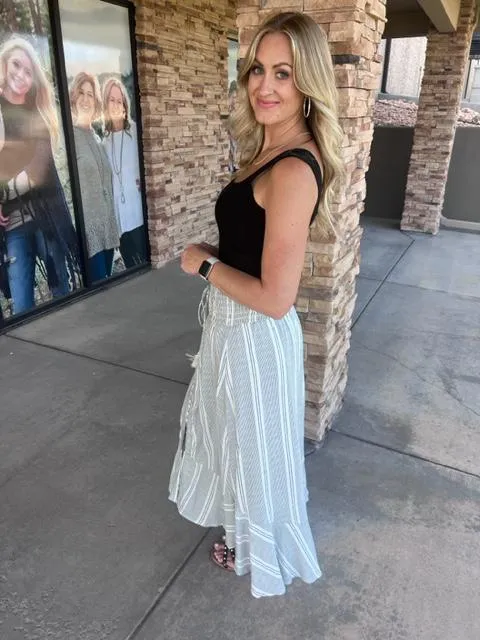 Shelby Black and White Striped Button Down Skirt with Fitted Waist