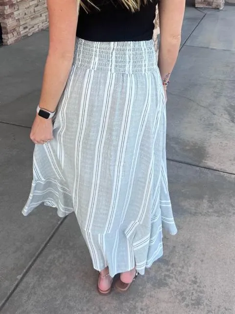 Shelby Black and White Striped Button Down Skirt with Fitted Waist