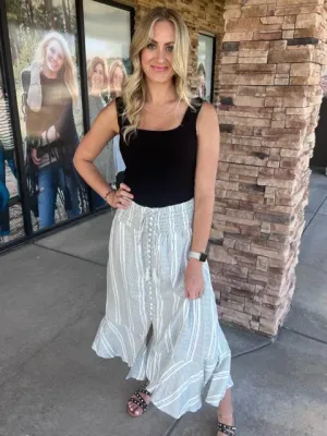 Shelby Black and White Striped Button Down Skirt with Fitted Waist