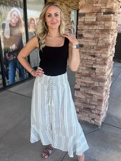 Shelby Black and White Striped Button Down Skirt with Fitted Waist