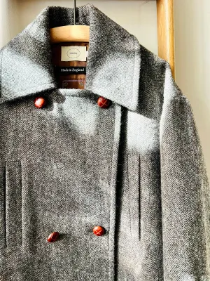 Shetland Wool Long Pea-Coat / Brown Herringbone