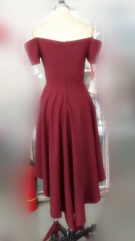 Short off shoulder high-low burgundy popular cheap top tight homecoming prom dress,BD00130