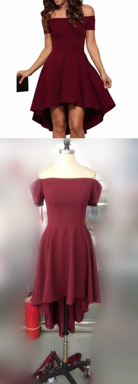 Short off shoulder high-low burgundy popular cheap top tight homecoming prom dress,BD00130