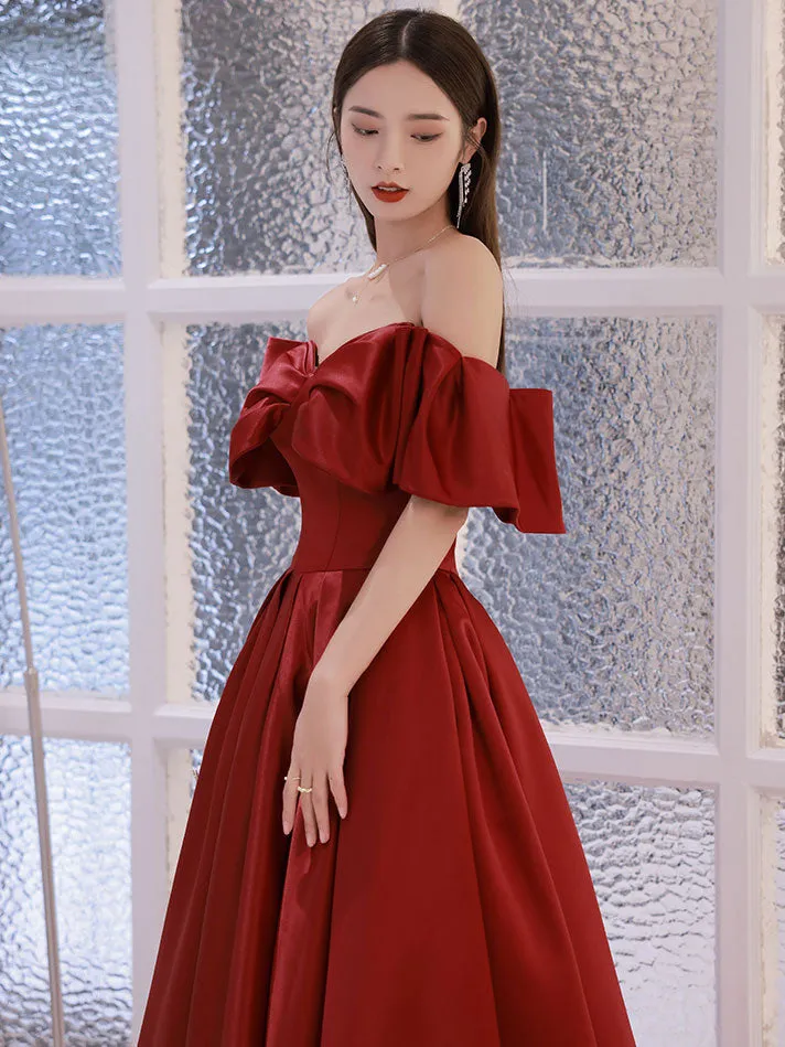 Simple Aline Burgundy Satin Long Prom Dress, Burgundy Evening Dress