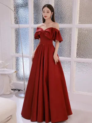 Simple Aline Burgundy Satin Long Prom Dress, Burgundy Evening Dress