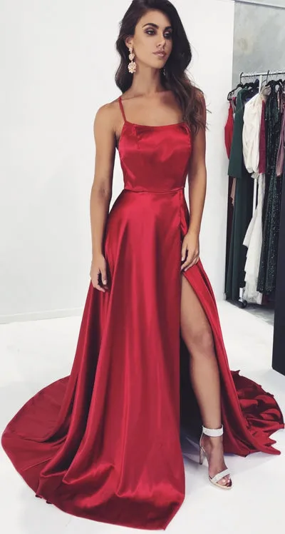 Simple Burgundy A-Line Spaghetti Straps Prom Dresses with Side-Slit, SP470