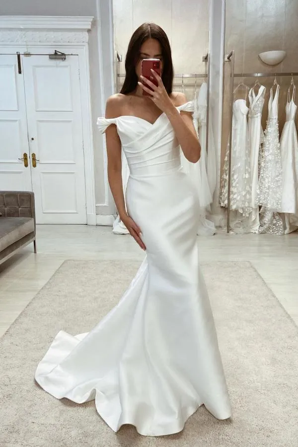 Simple Long Mermaid Off-the-shoulder Satin Wedding Dresses