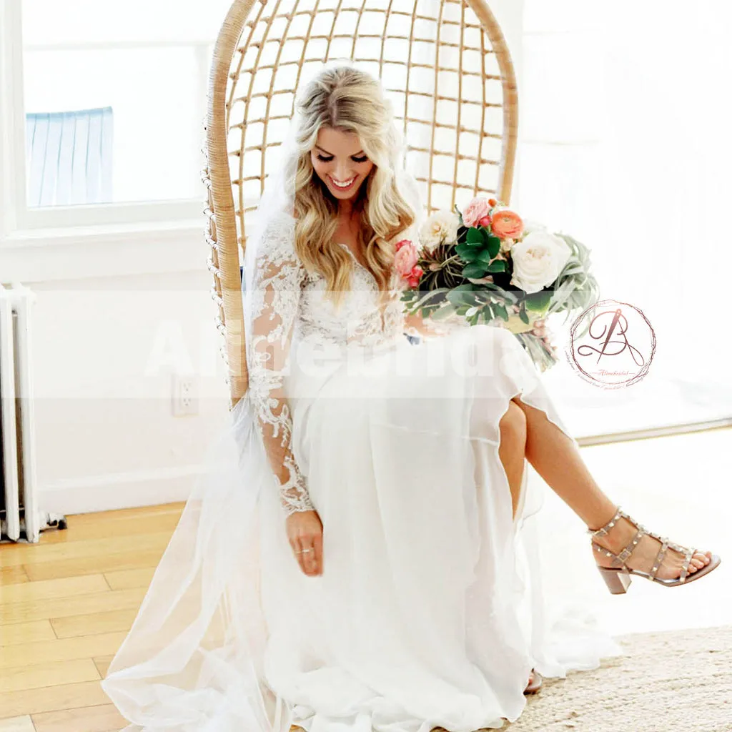 Vintage See-through Lace Long Sleeves Simple Chiffon  Wedding Dresses, AB1146