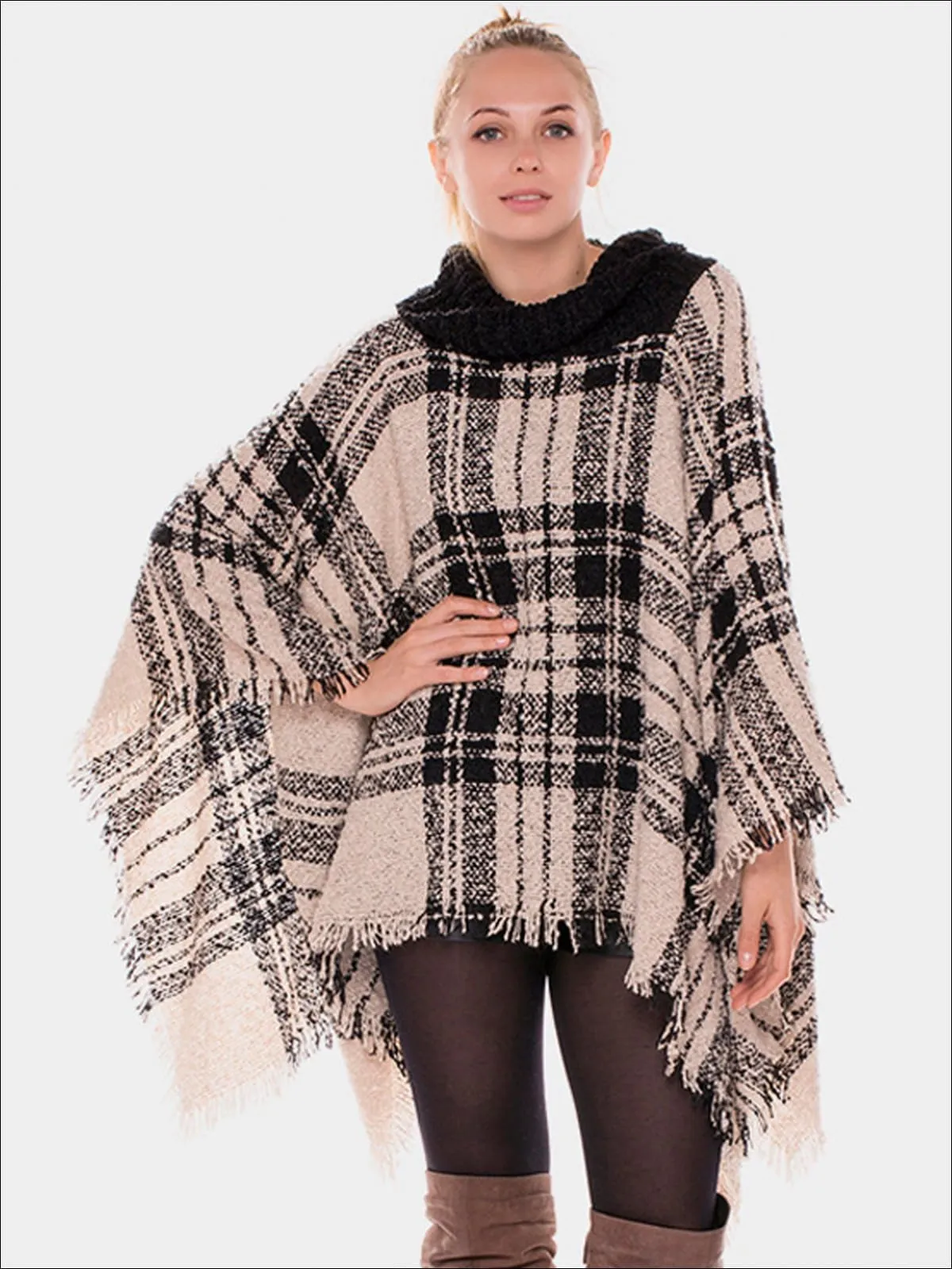 Women's Fall Casual Plaid Turtleneck Poncho