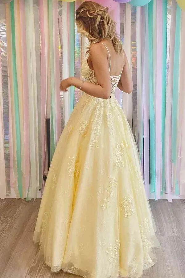 Yellow A-line Lace Appliques Spaghetti Straps Prom Dresses, Evening Gown, SP831