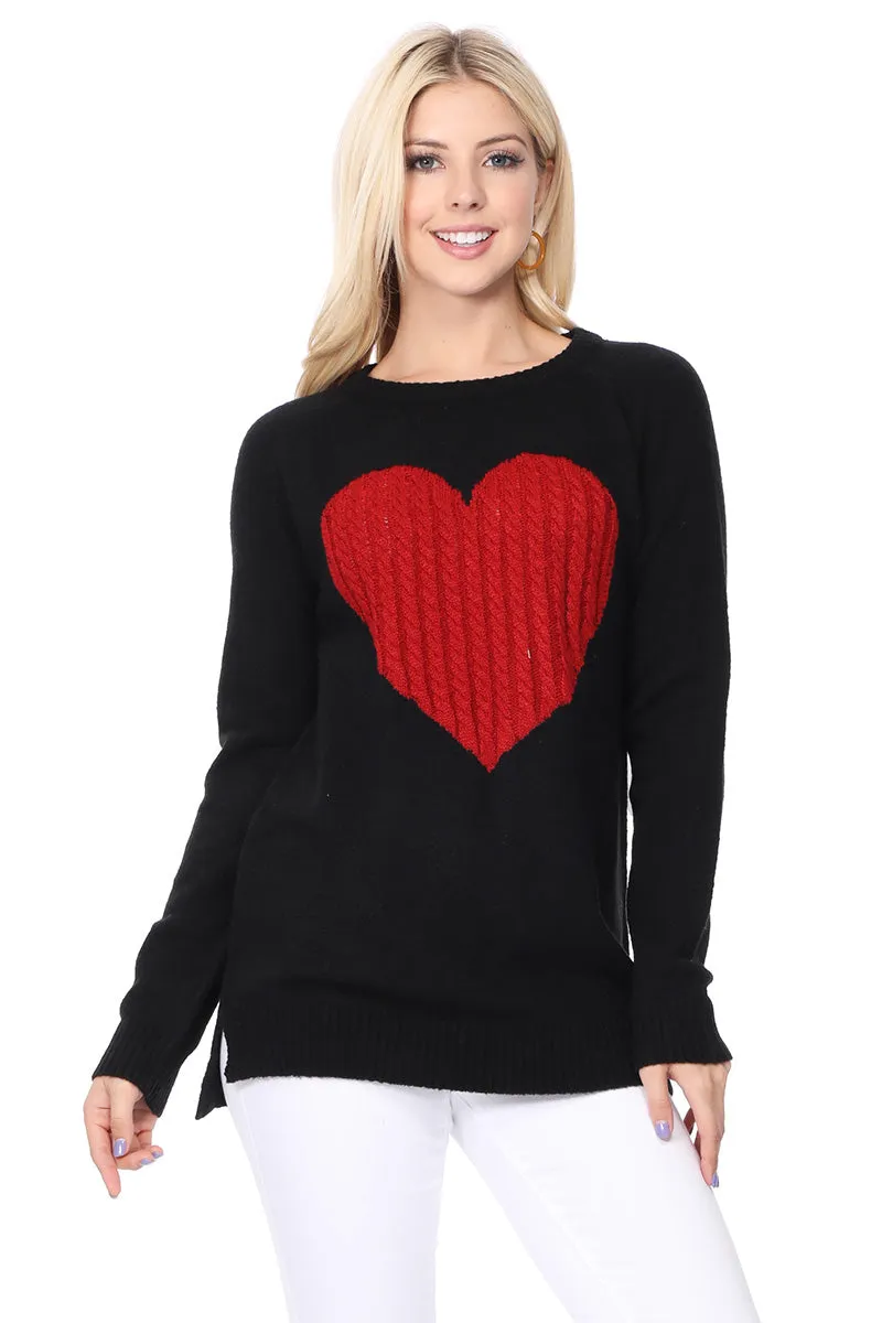 YEMAK Women's Pullover Sweater Long Sleeve Crewneck Heart Knitted Top Sweaters MK8236 (S-L)