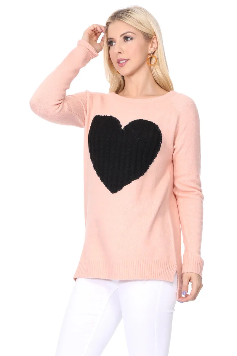 YEMAK Women's Pullover Sweater Long Sleeve Crewneck Heart Knitted Top Sweaters MK8236 (S-L)