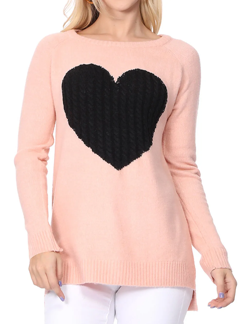 YEMAK Women's Pullover Sweater Long Sleeve Crewneck Heart Knitted Top Sweaters MK8236 (S-L)