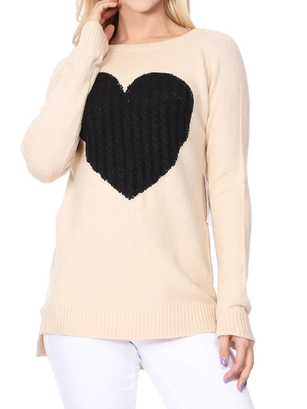 YEMAK Women's Pullover Sweater Long Sleeve Crewneck Heart Knitted Top Sweaters MK8236 (S-L)