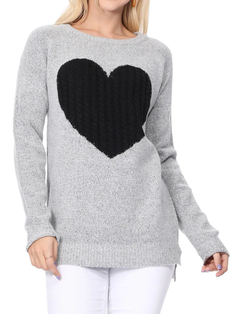 YEMAK Women's Pullover Sweater Long Sleeve Crewneck Heart Knitted Top Sweaters MK8236 (S-L)