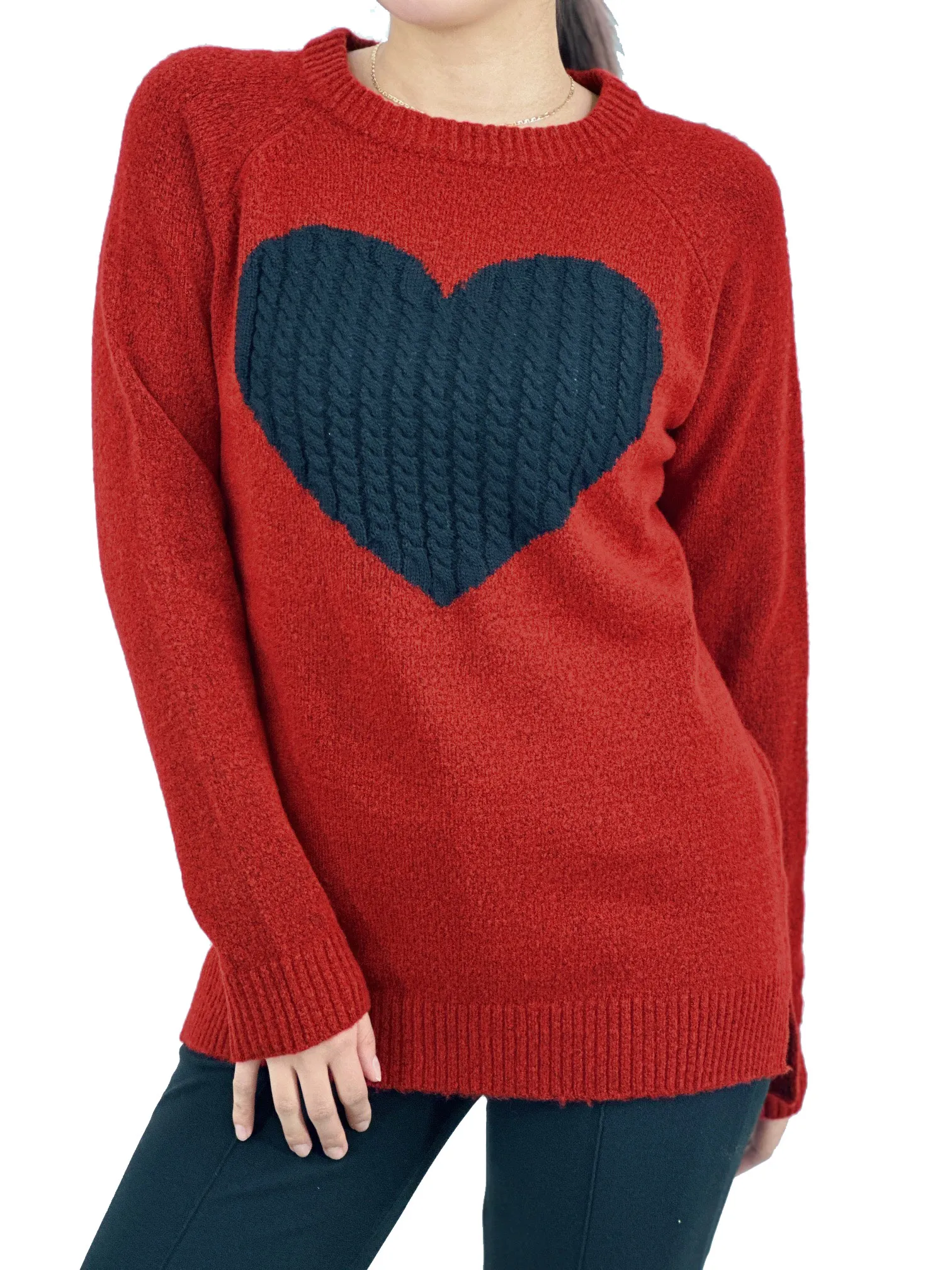 YEMAK Women's Pullover Sweater Long Sleeve Crewneck Heart Knitted Top Sweaters MK8236 (S-L)